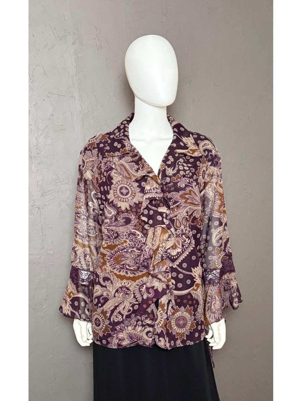 1990's Sheer Plum Paisley Poets Blouse Ruffled Neck Ruffled Bell Sleeves size 2X